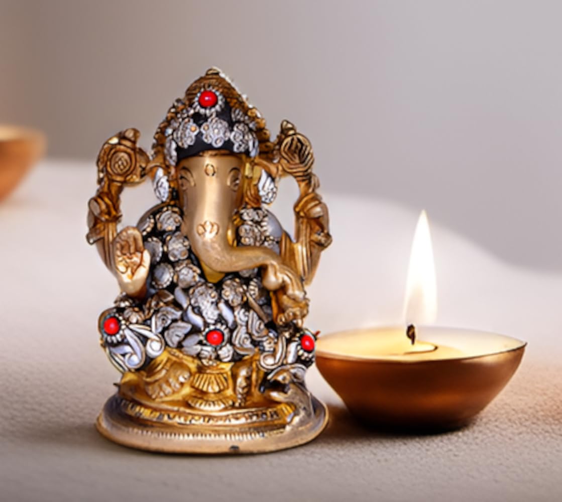 Purpledip Brass Idol Lord Ganesha: Collectible Statue with Copper Finish & Metal Beadwork (10664)