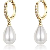 EPIRORA Sterling Silver Simulated Shell Pearl Hoop Earrings Cubic Zirconia Dangle Drop Earrings Jewelry for Women 10mm, Silver/Gold