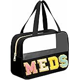 JOJOPOLLO Chenille Letter MEDS Bag Clear Medical Medicine bag for Traveling Preppy Emergency Patch Bag with Handle and Zipper Waterproof Nylon Portable Makeup Bag for Women