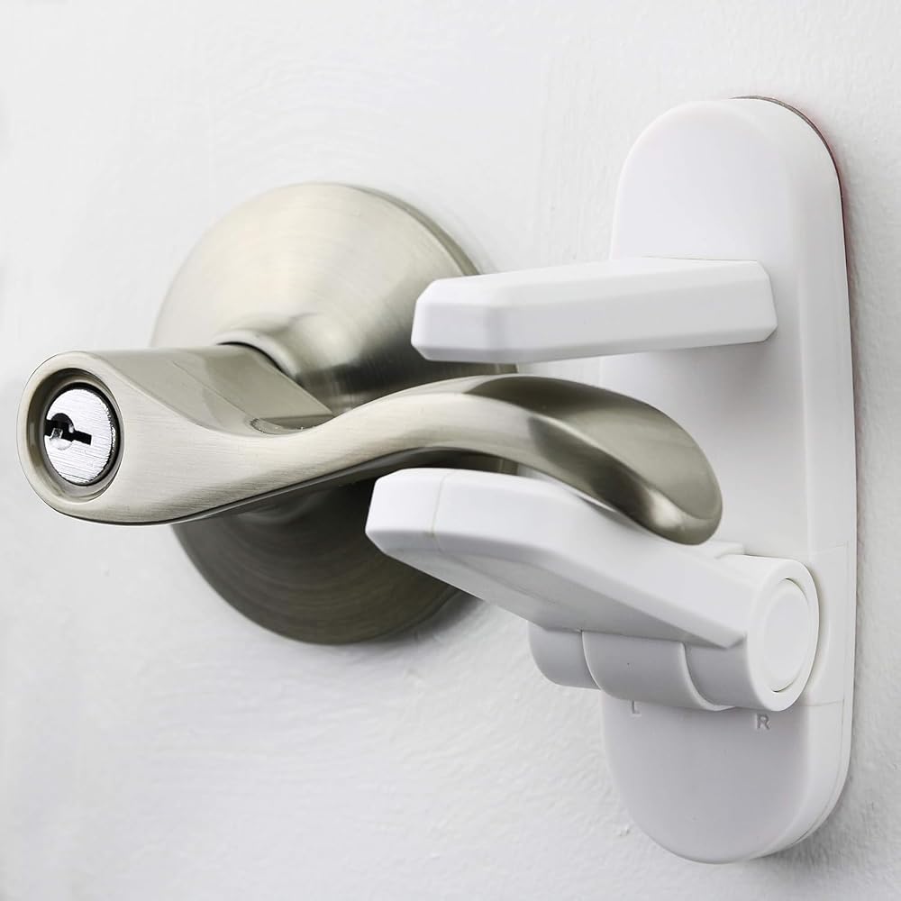 Door Lever Lock (2 Pack) – Prevents Toddlers from Opening Doors – Easy One-Hand Operation for Adults – Durable ABS with 3M Ad