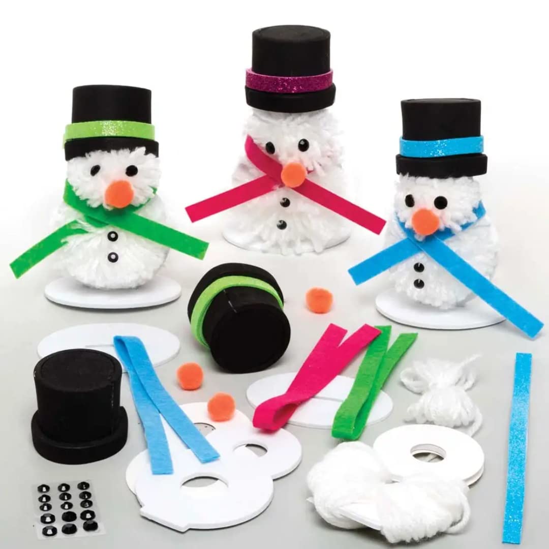 Baker Ross FC121 Snowman Craft Kit - Pack of 3, Christmas Crafts, Pom Pom Decorations for Children to Make, Decorate and Display, Creative Activities for Kids, Snowman