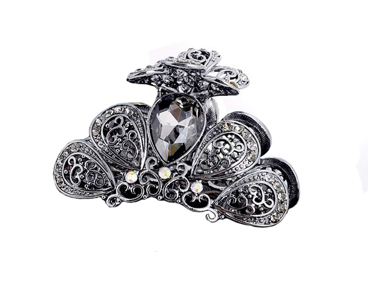 Fodattm Non-Slip Vintage Crystal Hair Claw Clip Retro Rhinestone Alloy Hair Jaw Clips Hairpin Hair Clamp for Lady Women (Gray)