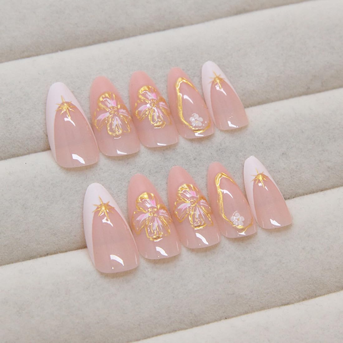 Flower Almond Press on Nails Medium Fake Nails with 3D Gold Line Floral Star Designs White French Nails Press ons Nude Pink Acrylic Nails Fall Glue on Nails Artificial Stick on Nails for Women 24Pcs - Image 4