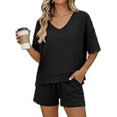 Tankaneo Womens 2 Piece Outfits Shorts Set Summer Casual Short Sleeve V Neck T Shirts Tops Matching Lounge Sets