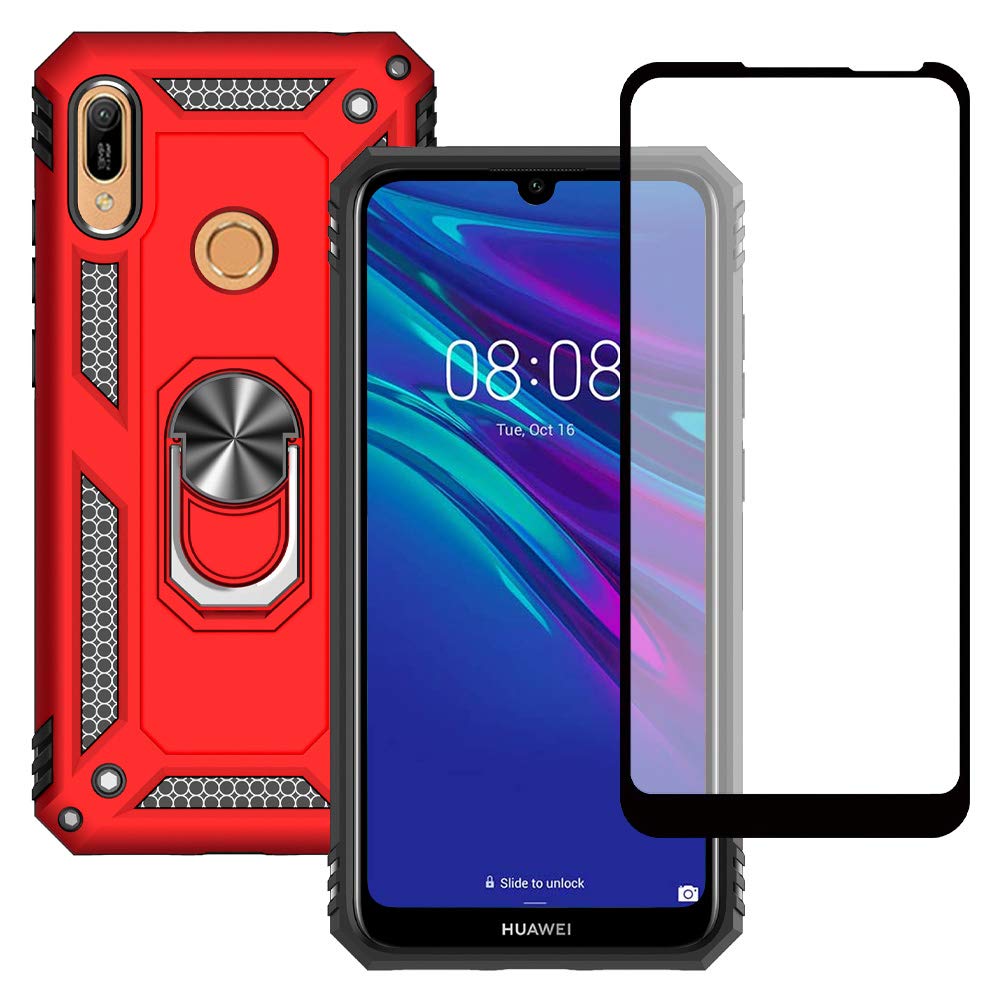 Yiakeng Huawei Y6 2019 Phone Case with Screen Protector, Silicone Shockproof Military Grade Protective Phone Cover with Ring Kickstand for Huawei Y6 2019 (Red) — image 1