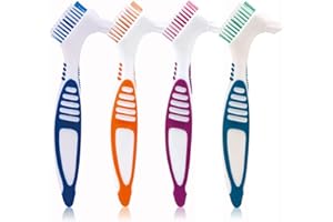 Denture Brush, 4 Pieces Small Toothbrush for Dentures, Multi-Layered Bristles Ergonomic Rubber Handle for False Teeth Cleanin