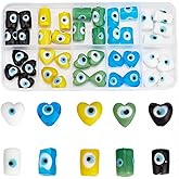 PONABEADIY 1 Box 40PCS Heart Column Evil Eye Glass Beads with Holes Lampwork Yellow Blue Green Handmade Assorted Spacer Loose Eyes Bead Bulk for Jewelry Making Necklace Bracelet DIY Craft Supplies