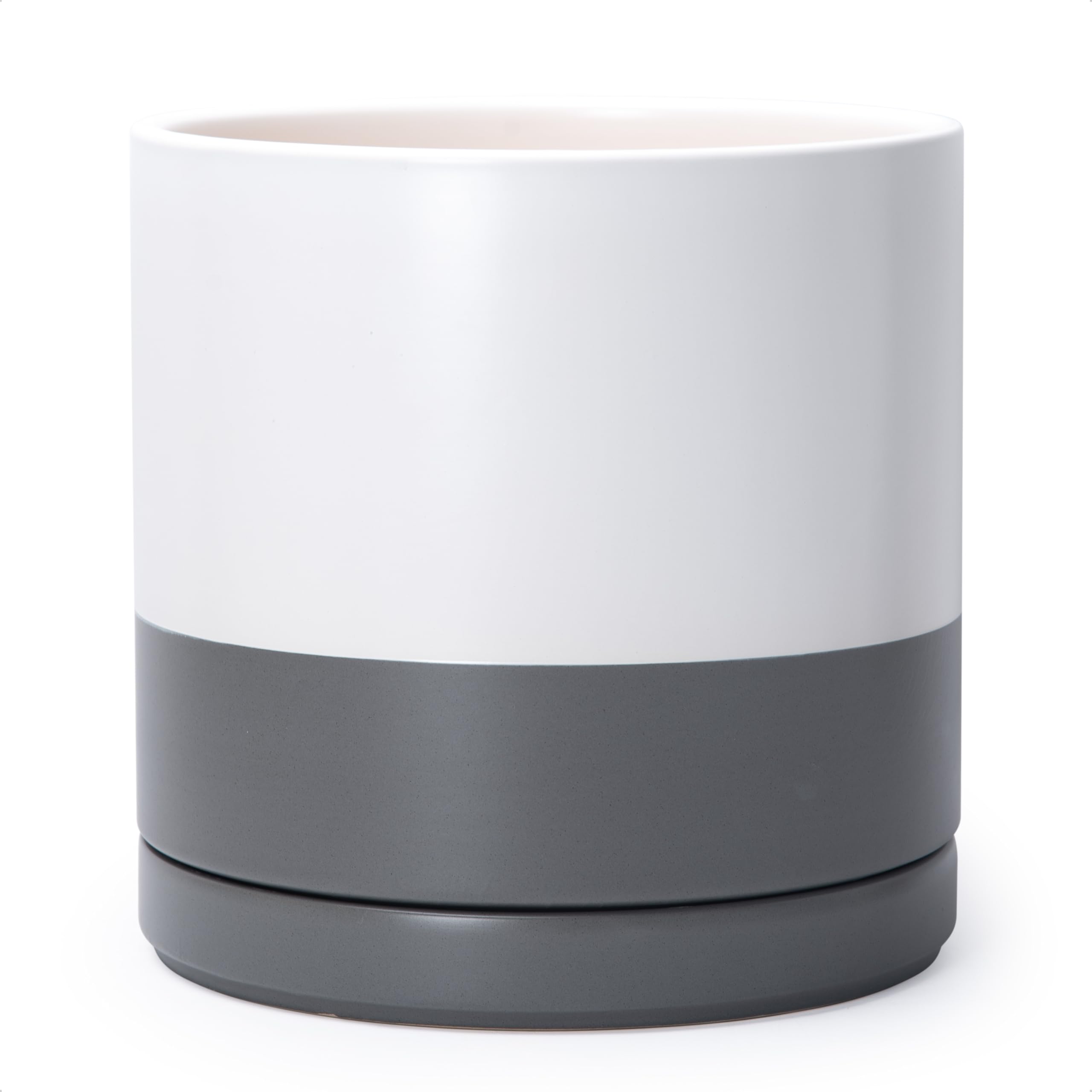 D'vine Dev 12 Inch Ceramic Planter Pot with Drainage Hole and Saucer, Indoor Cylinder Round Planter Pot, White/Speckled Grey, 94-O-F-6 Image