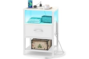 Yoobure White Night Stand with Charging Station, LED Nightstand for Bedroom, Bedside Tables with Adjustable Fabric Drawer, 3-Tier End Table Living Room, Small Side Table with Storage