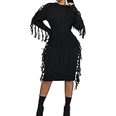 Vaceky Fringe Sweater Dress Women Turtleneck Side Tassel Cable Knit Maxi Western Dresses