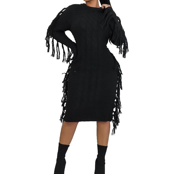 Amazon.com: Vaceky Fringe Sweater Dresses Women Trendy Mock Neck Big Bell  Sleeve High Slit Dress Brown : Clothing, Shoes & Jewelry