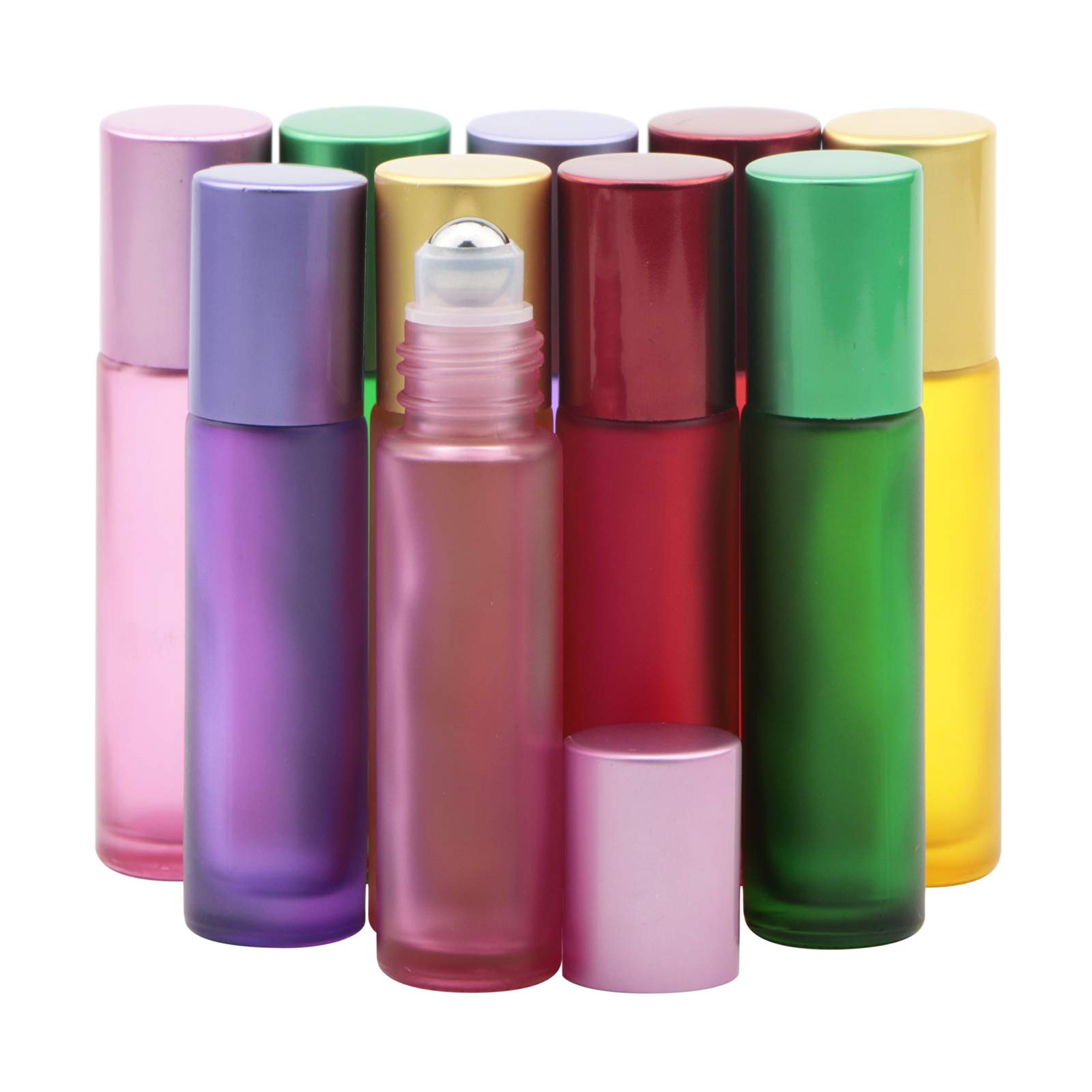 Rowiz 10PCS 10ml Colorful Frosted Glass Bottle Leakproof Glass Bottle Essential Oil Roller Bottles Set with Stainless Steel Balls and Anodized Aluminum Screwcap for Perfume & Aromatherapy Oils