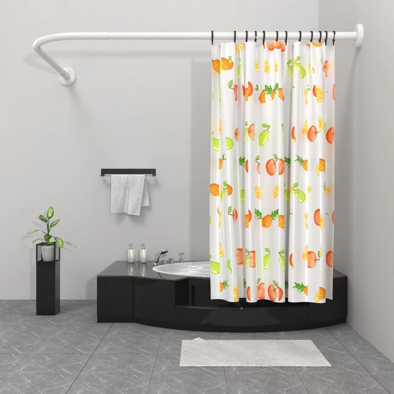 Misounda Shower Curtain Rail Rod L Shape, Adjustable Shower Curtain Pole 120-120 cm, Stainless Steel Curved Shower Rail, White Shower Pole with Stainless Rings for Bathroom Locker Room,Need Drilling — image 1