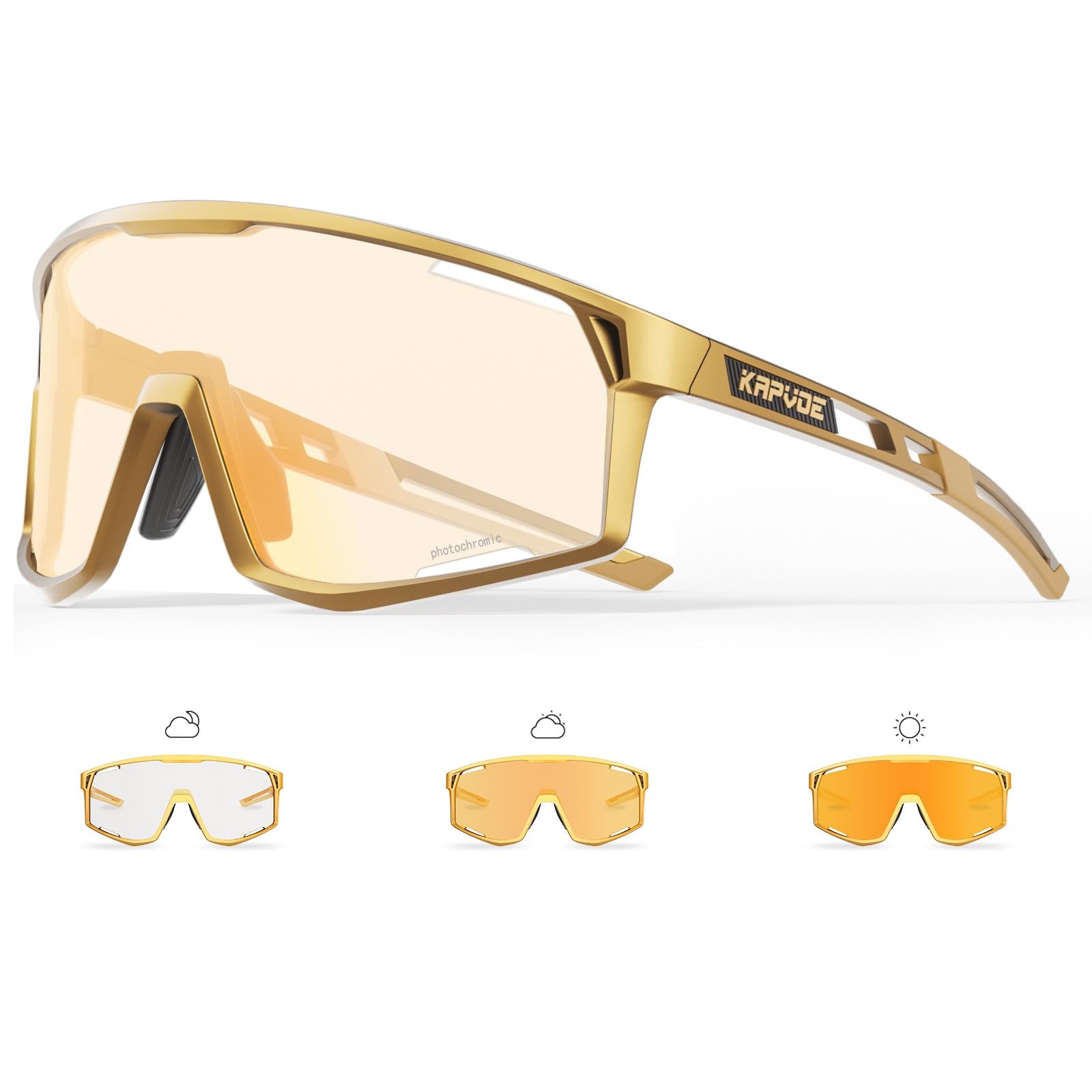 KAPVOE Photochromic Cycling Glasses Men Mountain Bike Sunglasses Women Clear MTB Sports Goggles Transition Bicycle Glasses Triathlon Running UV Protection Gold