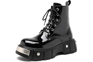TZNBGGE Men's Lace Up Platform Motorcycle Boots Patent Leather Ankle Boots with Side Zipper Comfort Round Toe Punk Outdoor Combat Boots