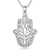 KoyeKei Hamsa Lotus Necklace for Women 925 Sterling Silver Hand of Fatima Pendant Evil Eye Lotus Flower Jewelry Gifts for Yoga Lover Mom Wife Girlfriend