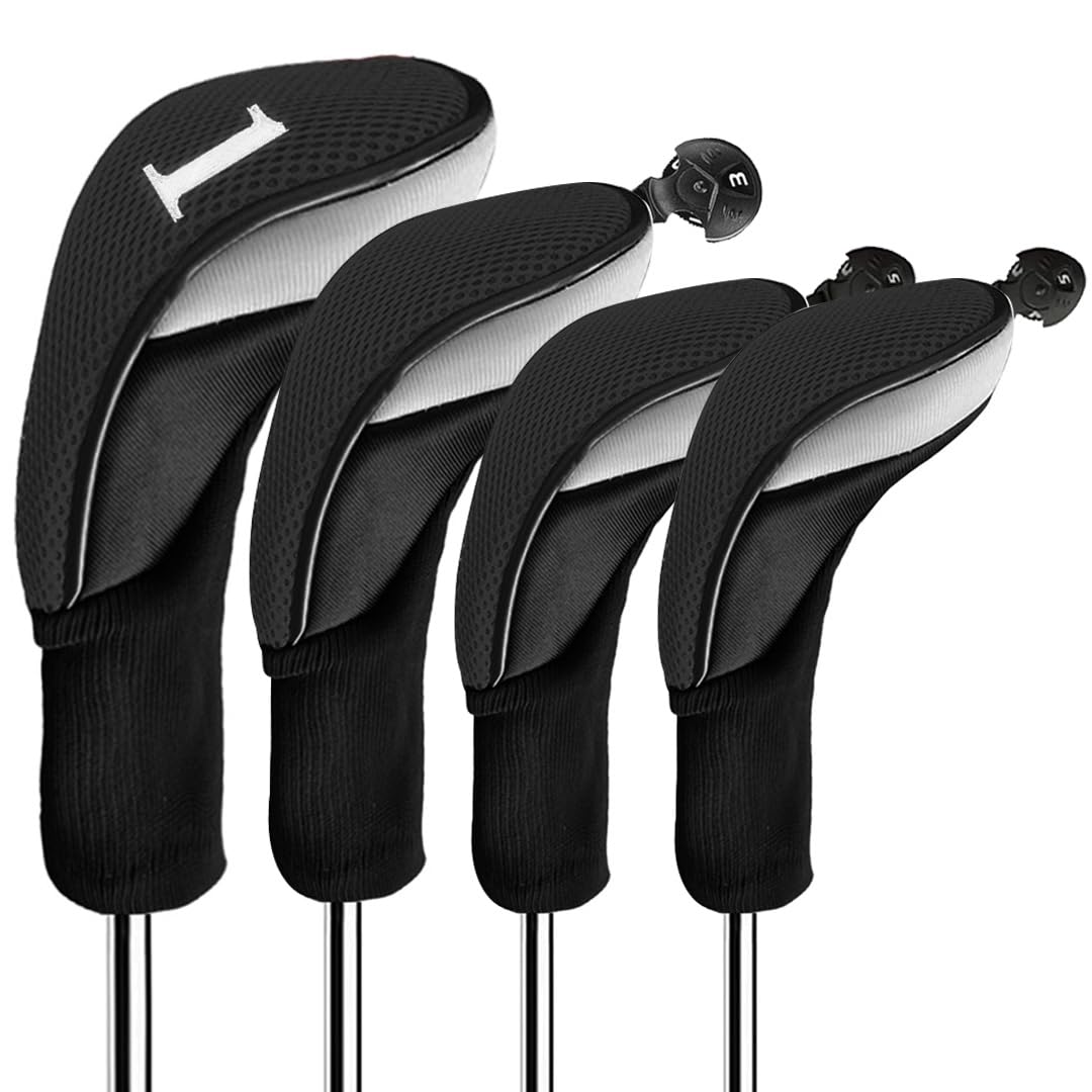 FINGER TEN Golf Club Head Covers for Woods Long Cover Driver Hybrid Fairway, Headcovers with Interchangeable No. Tag Novelty Durable Fit Woods Clubs (Black-4 pack (1 Driver& 1 Fairway&2 Hybrid))