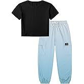 Betusline Girls 2 Piece Outfit Set, Short Sleeve Crop Top & Cargo Jogger Pants Trendy Casual Clothes, Girl Clothes Set,4T-14Y