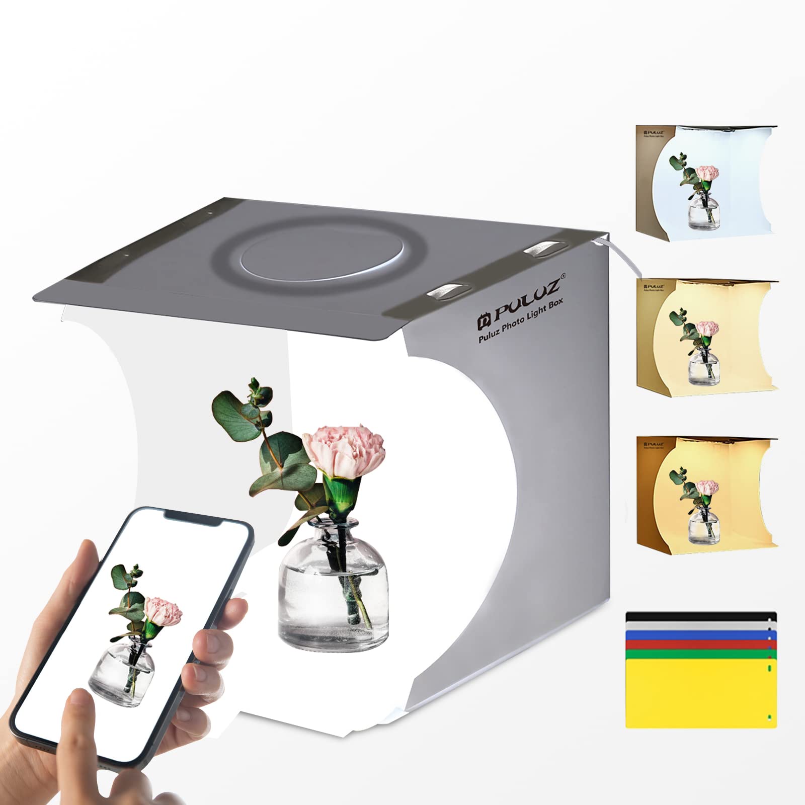 PULUZ Light Box 9’/23CM Three Color Temperature Switch Folding Photo Box for Small Product Suitable for Business selling Items Online with USB Cable 72 Lamp Beads 6 Colors Backdrops