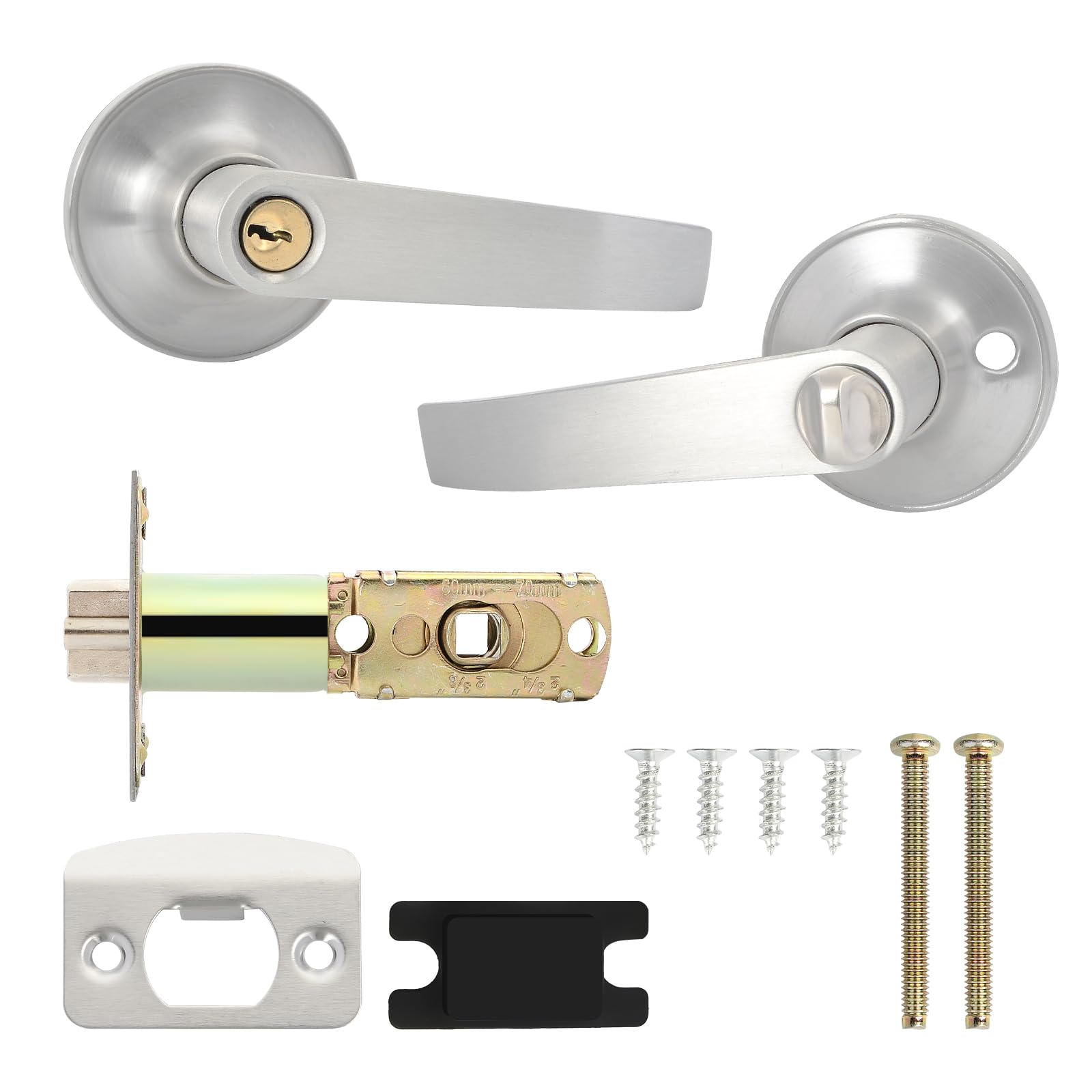 Funnytek Lever Door Handle Lock, Bathroom Door Handle with Lock, Safe Lockset for Entry, Passage, Bathroom, Balcony (with Key), Latch Size 60/70mm Stainless Steel+Aluminum Alloy