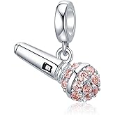 I Love Music Microphone Voice Charms 925 Sterling Silver Champagne Crystal Pendants fit Pandora Bracelet Necklace