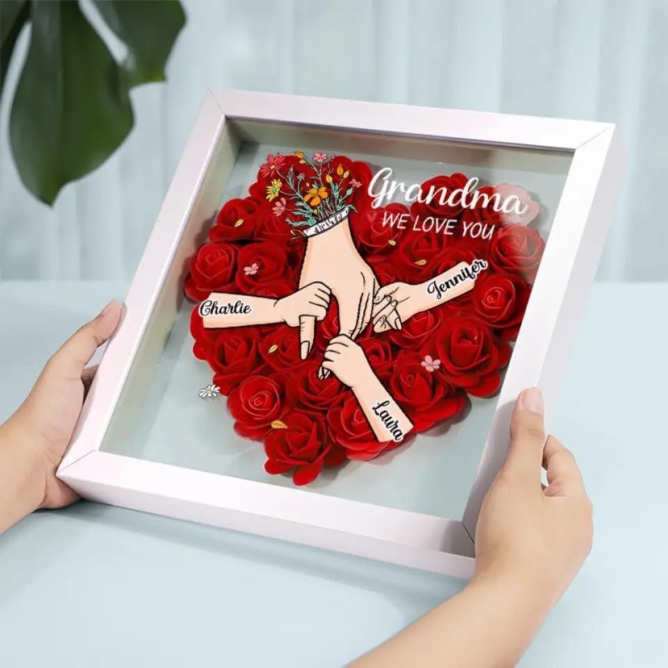 Personalised Flower Shadow Box for Mum & Grandma with Names – Family Love Blooms Forever Gift for Mother's Day, Birthday, Mom Gift, Mother's Day Gift,Gift for Mom