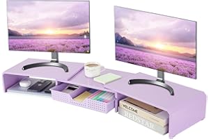 LEKETREE Dual Monitor Stand Riser with Drawer, Desk Organizer and Accessories, Metal Laptop Stand for Desk, Workspace Desktop Stand for Computer, Laptop, TV and More (Purple)