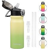 Konokyo Insulated Water Bottle with Straw and Carry Loop,18 oz Stainless Steel Double Wall Vaccum Metal Water Flask with Leak-proof Lid,Lime