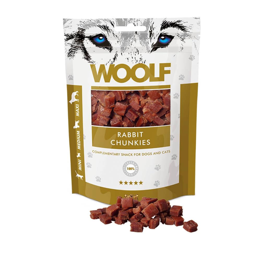 WOOLF Chunkies - Complementary Snacks for Dogs. Dog Treats with Natural Ingredients and High Meat Content, Balanced Nutrition, Free from Artificial Additives. Suitable for Puppies (Rabbit, 100g)