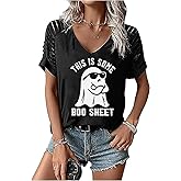 Halloween Tshirt Women Funny Graphic Witch Shirt Cut Out V Neck Skull Tees Casual Short Sleeve Fall Holiday Tops
