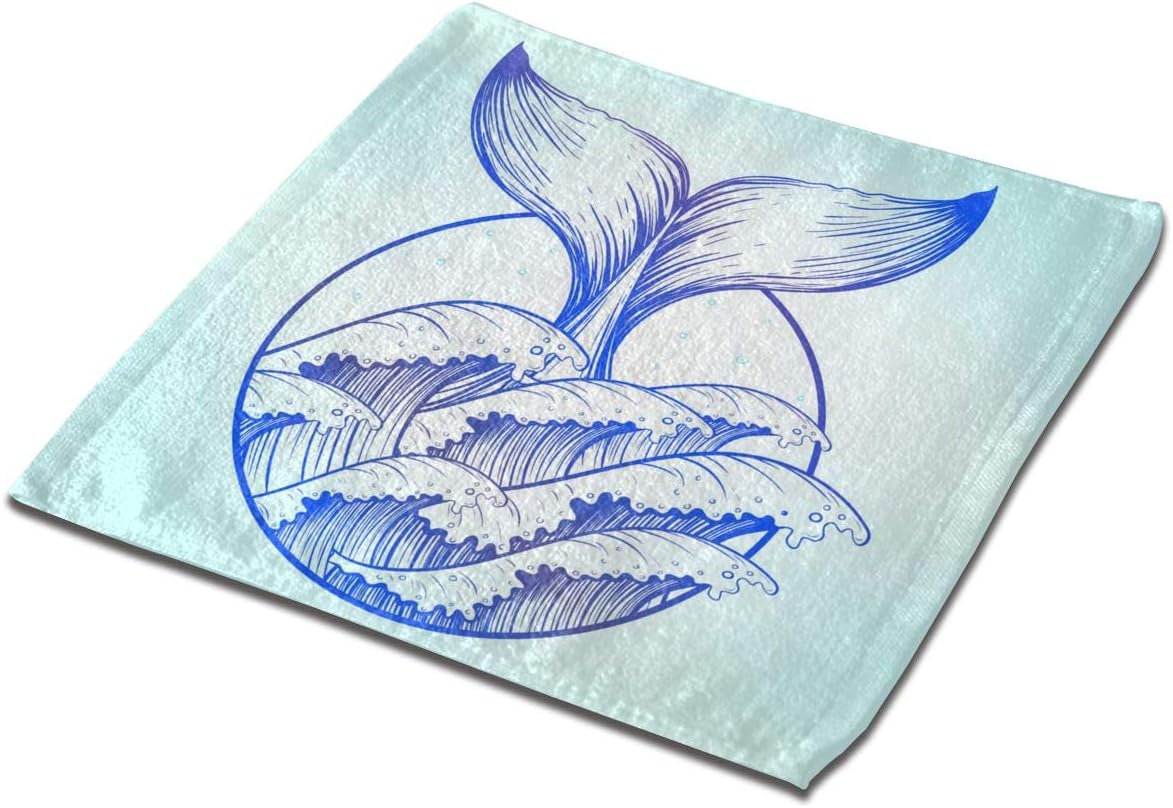 txregxy Square Beach Towel 1Pcs Whale Tail in Blue Sea Waves Boho Tattoo Ocean Absorbent for Camping Beach Yoga Or Bath
