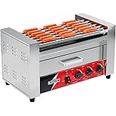 CROSSON Hot Dog 7 Roller with Bun Warmer,Commercial 7 Nonstick 304 Roller Grill Cooker Machine-120V, 1350W