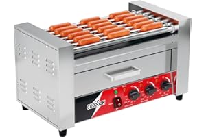 CROSSON Hot Dog 7 Roller with Bun Warmer,Commercial 7 Nonstick 304 Roller Grill Cooker Machine-120V, 1350W