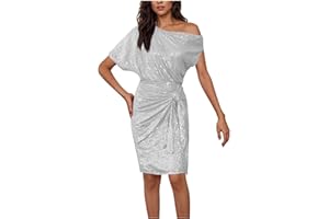 Lmdudan Women Sequin Sparkly Glitter Party Club Knee Length Dress One Shoulder Ruched Self Tie Knot Cocktail Bodycon Dresses