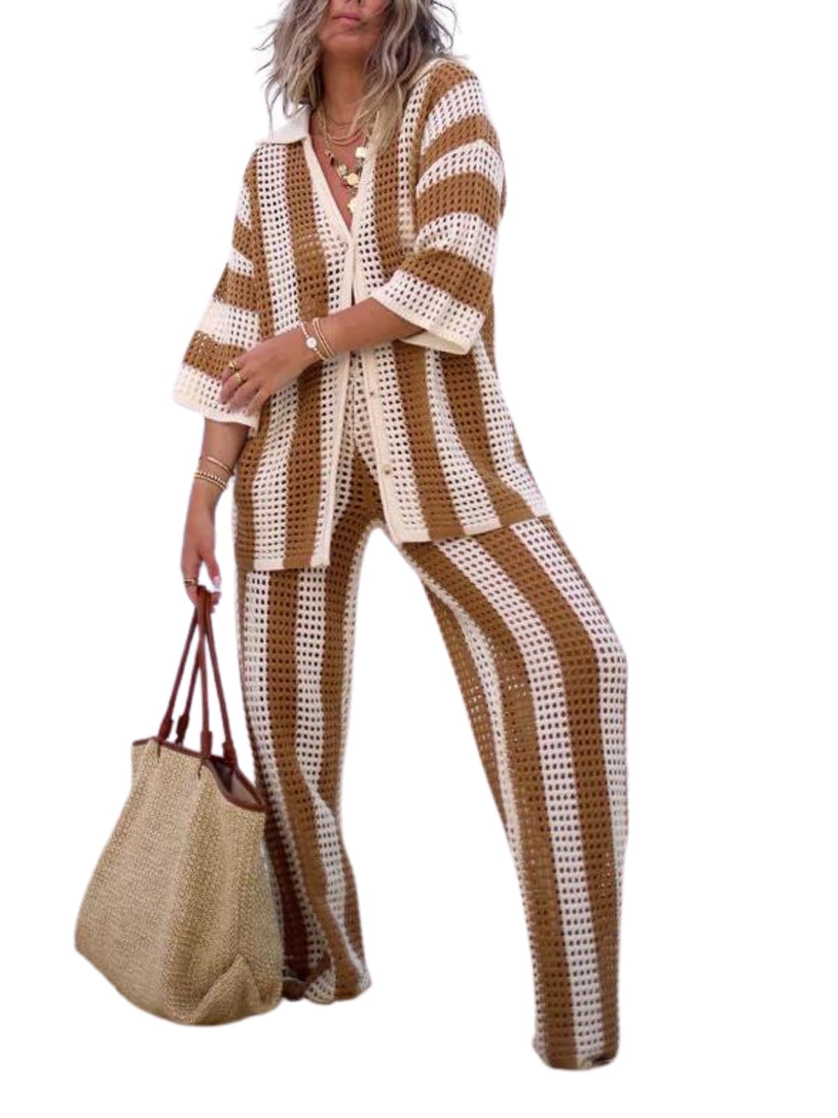 Photo 1 of NIFTRIRY Women Cover Up Sets Button Up Tops with Pants Crochet Set Outfit 2 Piece Outfits Vacation Outfits