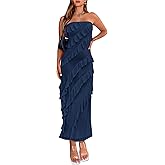 BTFBM Women Summer Elegant Strapless Midi Ruched Bodycon Dress Solid Color Stretch Mesh Slim Party Cocktail Dresses