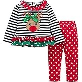 Noubeau Christmas Outfit Toddler Infant Baby Girls Ruffle Top Clothes Set Deer Print Shirt Dress Pants Set