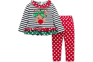 Noubeau Christmas Outfit Toddler Infant Baby Girls Ruffle Top Clothes Set Deer Print Shirt Dress Pants Set