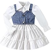 Ltvoo 2Pcs Kids Girl Toddler Long Sleeves Lapel Button Down Shirt Dress Denim Vest Set 4-7 Years