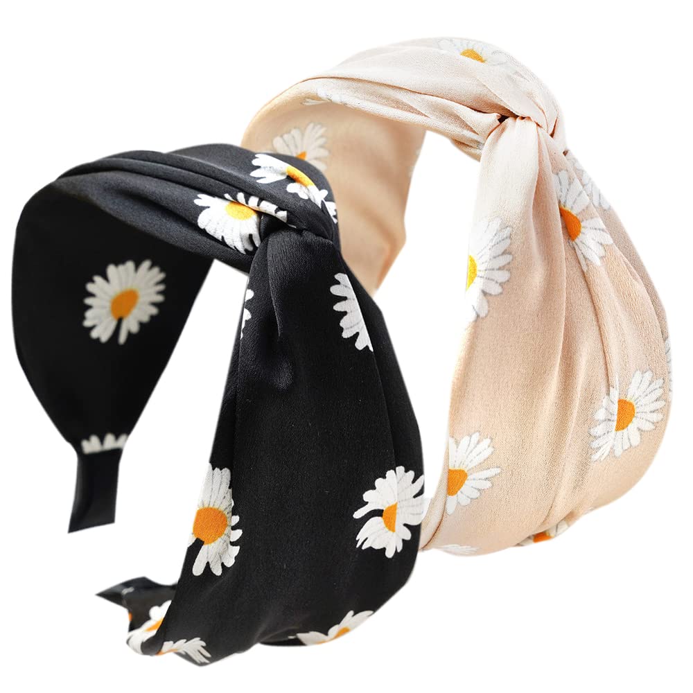 HUANMAYE 2PCS Headbands for Women's Hair - Boho Wrap Tie Fashion Scarf Bow Accessories - Non-Slip Fabric Wide Alice Bands for Women UK and Girls (Flower), 1
