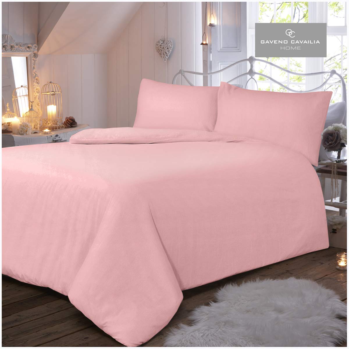 Gaveno Cavailia Luxury Brushed 100% Cotton Plain Dyed Flannel Duvet Set, [ King - Pink ]