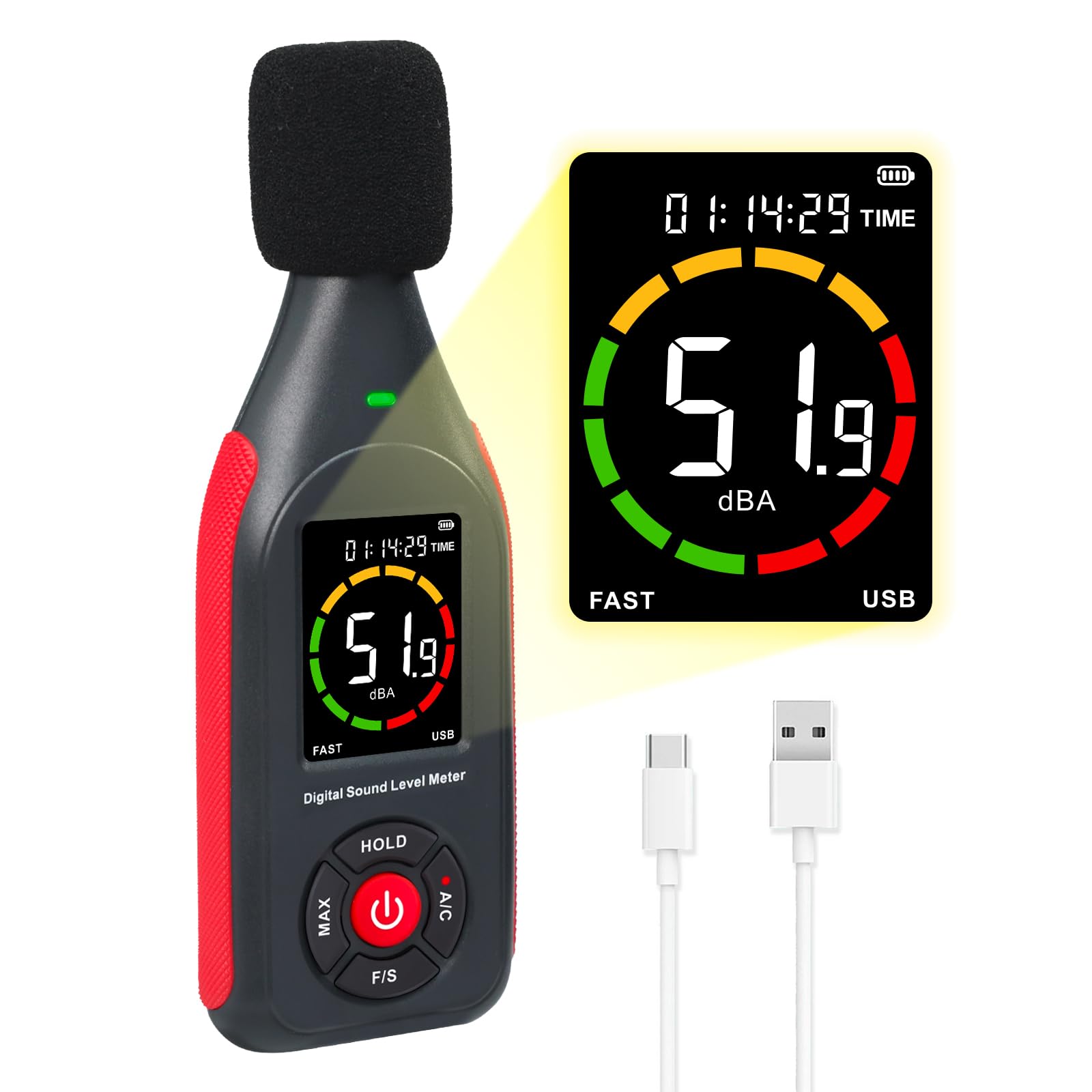 Decibel Meter Data Logger, Digital Sound Level Meter with Recording, dB Meter 30~130dB, 31,000 Data, 3Color Light Alarm, USB Rechargeable SPL Meter for Home, Classroom, Office, Neighbor, Industrial
