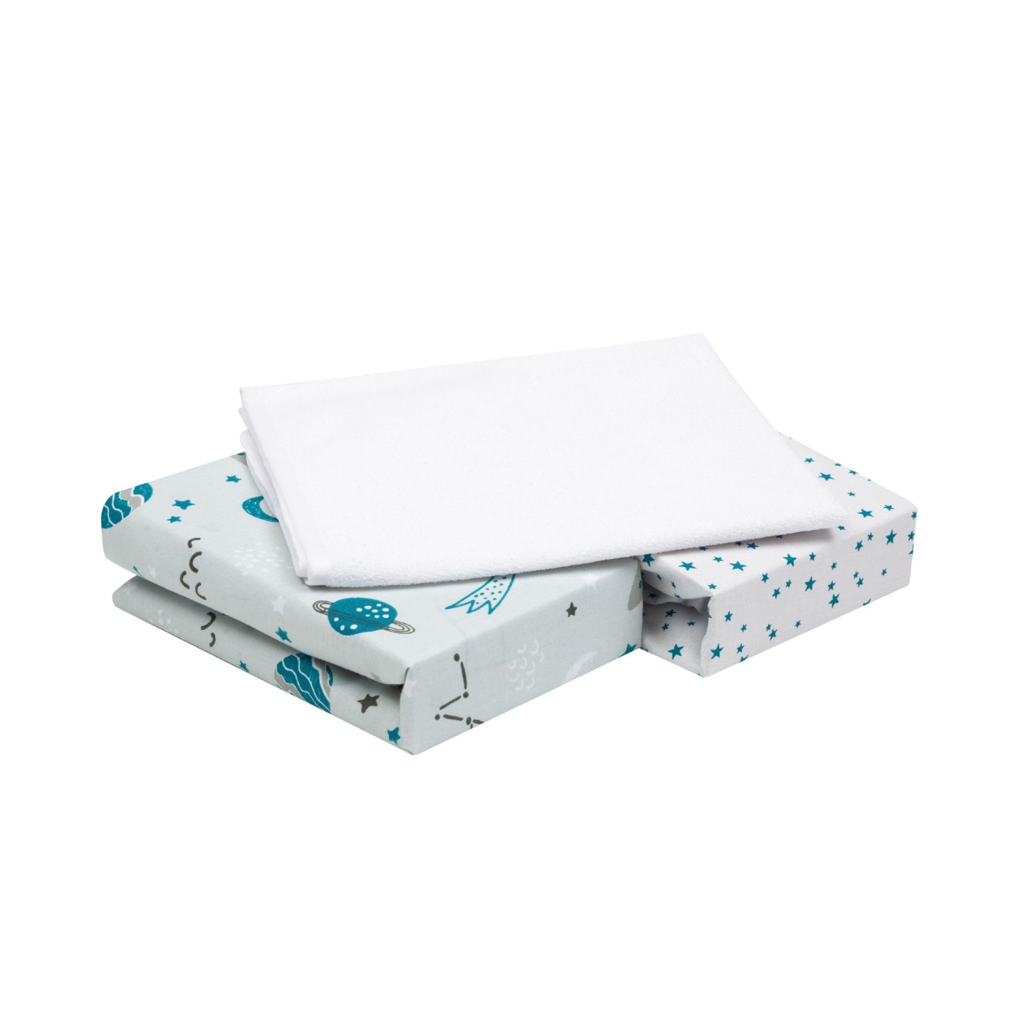 FlyIdeas 3-Piece Bedding Set for Cots and Cribs – 2 Cotton Fitted Sheets & 1 Waterproof Mattress Protector, 120x60 cm – Hypoallergenic, Soft, Breathable Baby Cot Sheets