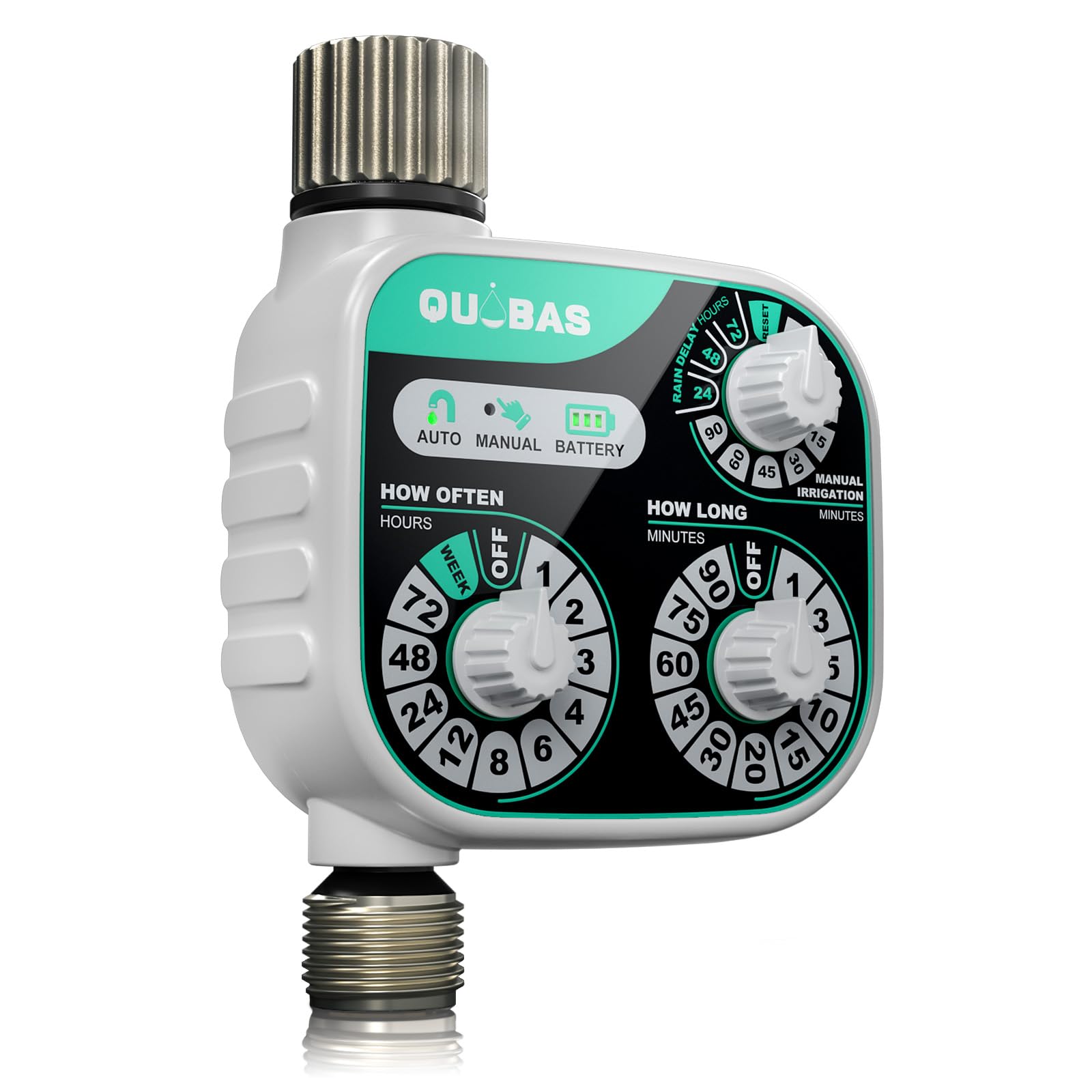 Photo 1 of ***DAMAGED - SEE NOTES/PICTURES*** QUOBAS Mechanical Dial Hose Timer, Waterproof Sprinkler Timer with Rain Delay/Auto/Manual Modes for Drip Irrigation System, Pool, Lawn, Durable Metal Fittings, Easy Set 3-Dial Program, Battery Powered