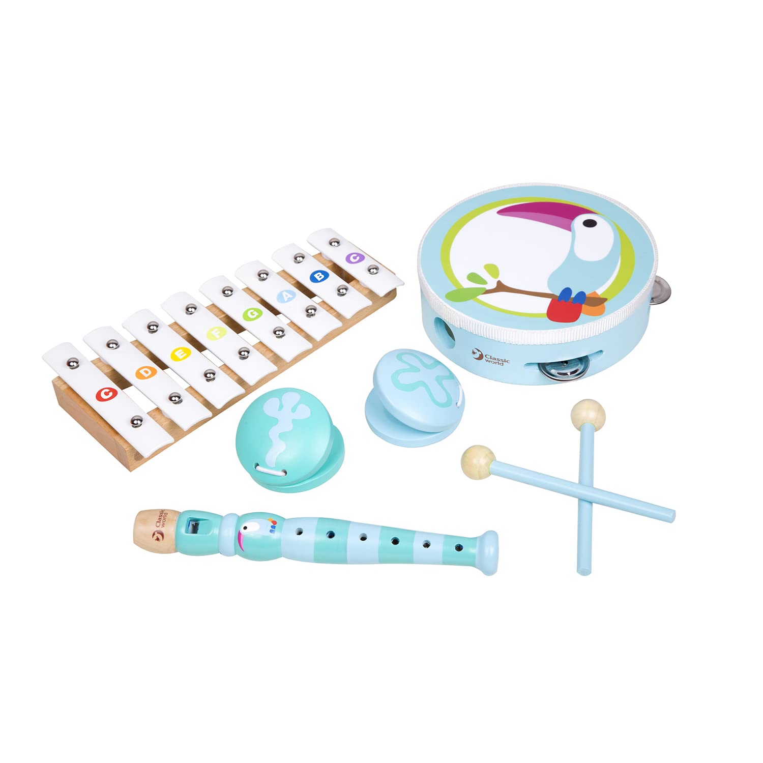 Classic World Wooden Toucan Music Set, Includes Musical Instruments - Xylophone, Flute, Tambourine and Castanets for Toddlers, 7-Piece Set, 18 Months+ — image 1