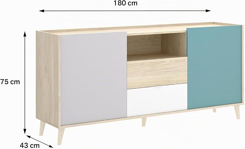 NOVA - APARADOR DE 2 PORTAS COM 2 GAVETAS COM ARRUMAÇÃO -75X155X43 cm - BRANCO / NATURAL / CINZENTO / ESMERALDA