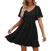 LILLUSORY Women's Flowy Casual Mini Dresses 2026 Summer Graduation Smocked V Neck Vacation Dress Dress with Pockets