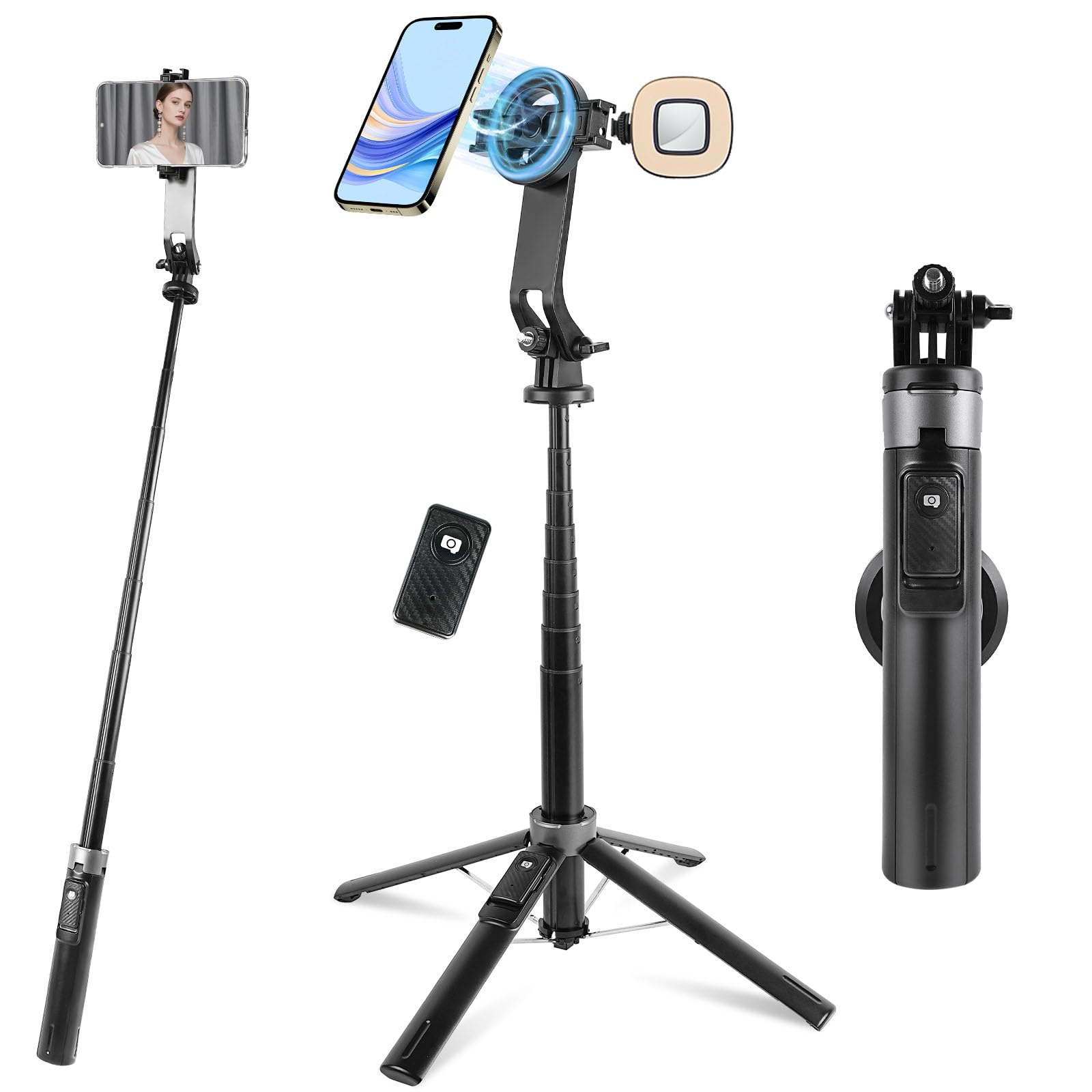 Photo 1 of WOVTE Magnetic Selfie Stick Tripod with 2 LED Lights, 52" Magsafe Tripod for iPhone with Rechargeable Remote, Portable Selfie Stick Compatible with iPhone 16/15/14/13/12 Series, Gopro and Cameras