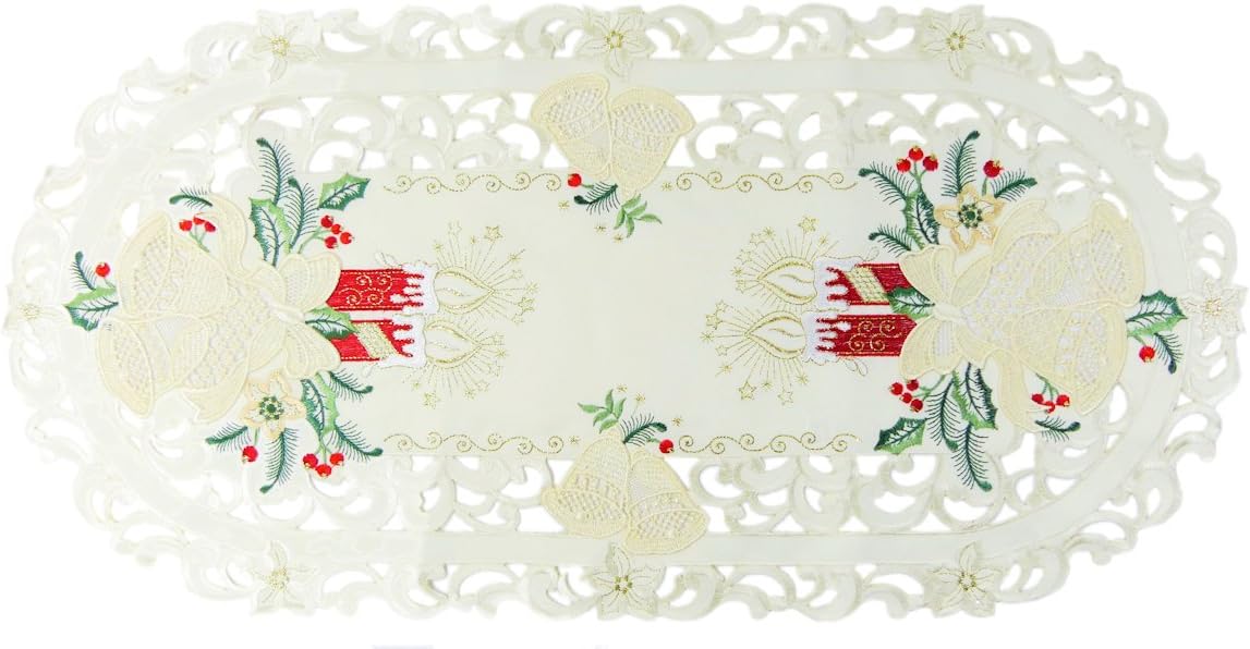 Christmas Tablecloth accessories - Oval 27.5" (70cm) - IVORY/CREAM Candles & Bells embroidery