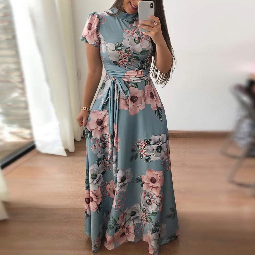 COPPEN Women Fashion Dress Women O-Neck Floral Printed Short Sleeve Bandage Long Dress: Clothing